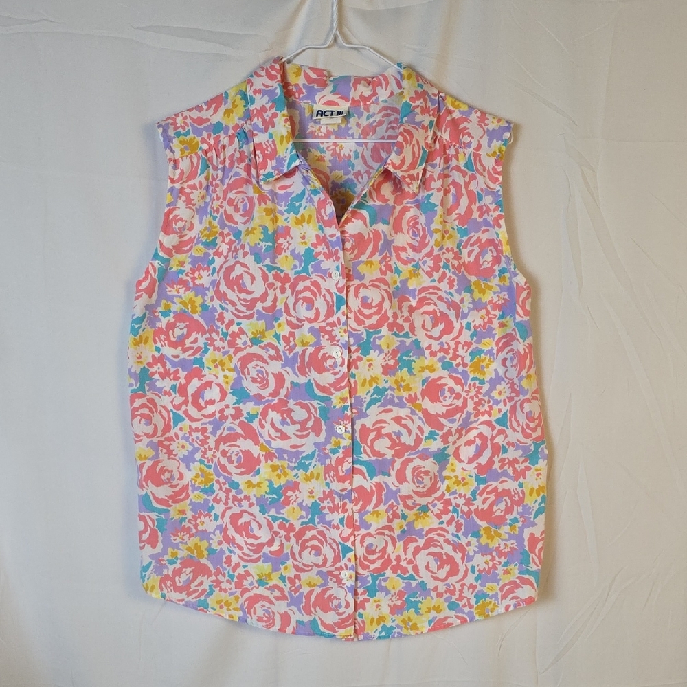 Vintags ACT||| Women's Floral Sleeveless Top - Pink and Yellow